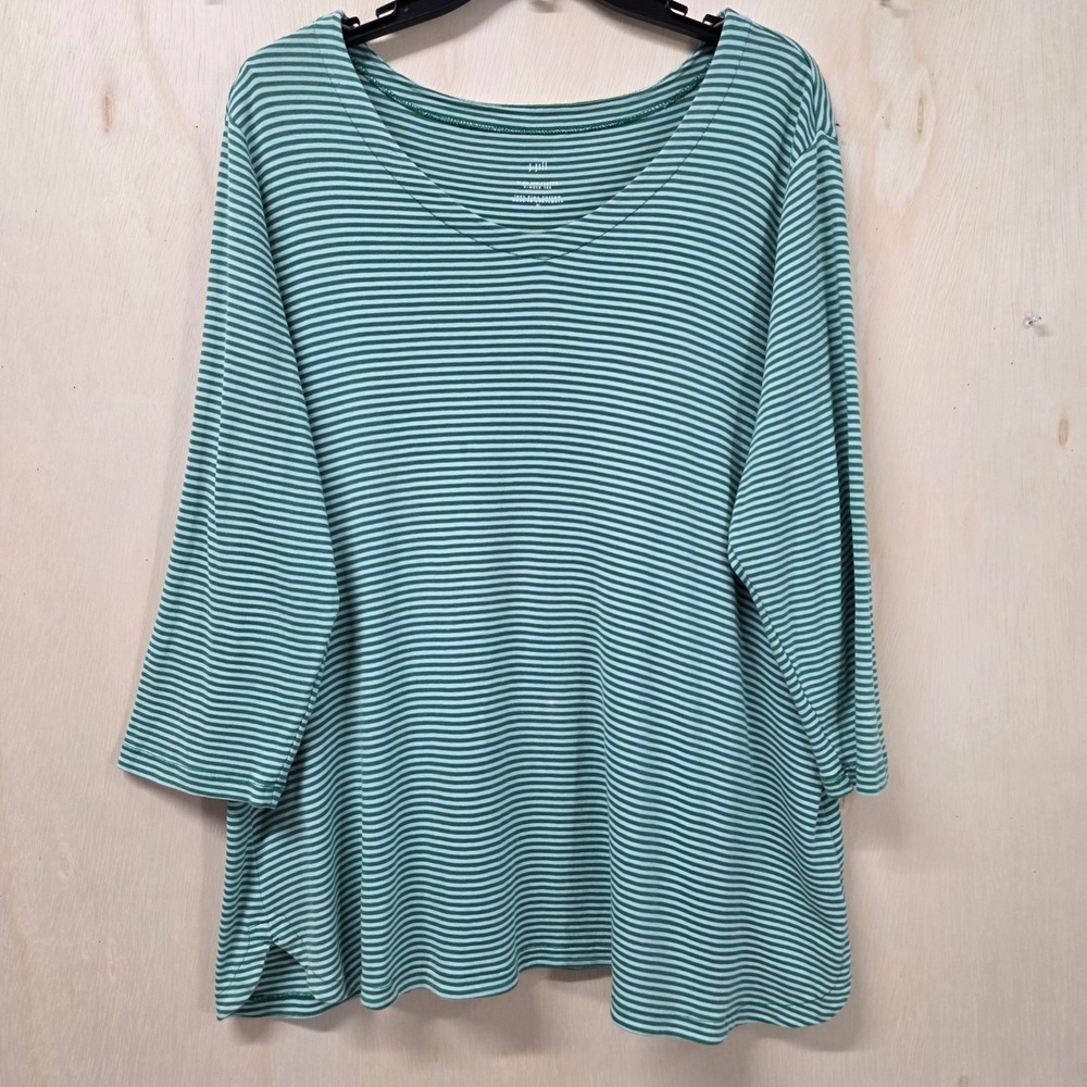 J. Jill Pima Cotton Striped 3/4 Sleeve V-Neck Tee Green White XL